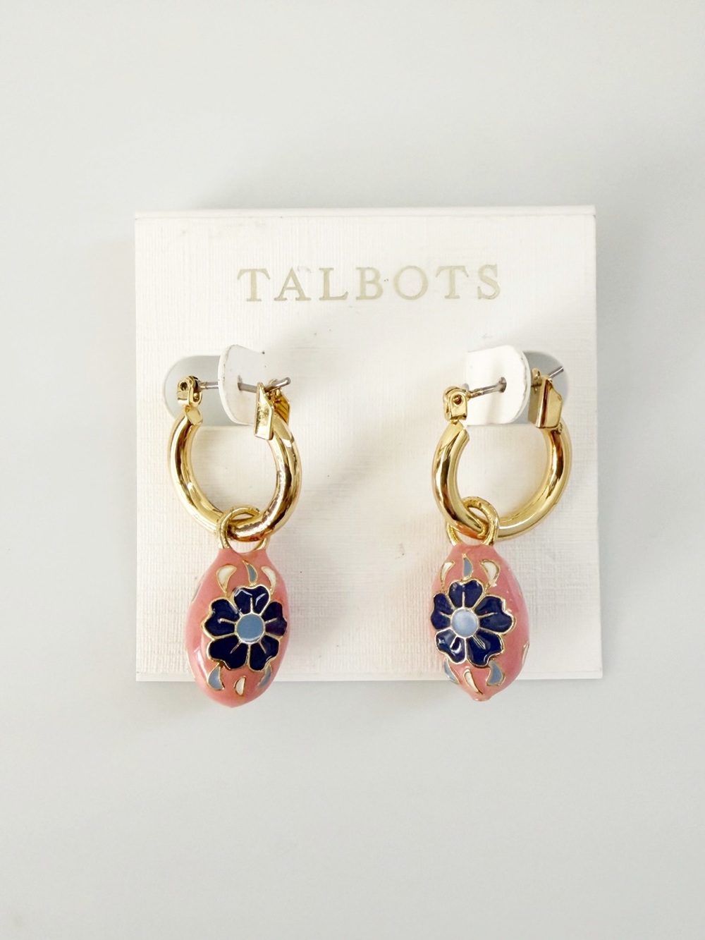 Talbots Cloisonne’ Flower Pink Gold Tone Hoop Dangle Earrings New